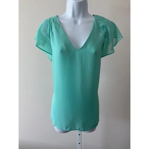 Flutter Sleeve Top Large Mint Green V-Neck Back Tie Coquette Preppy Soft Girl - Picture 5 of 13
